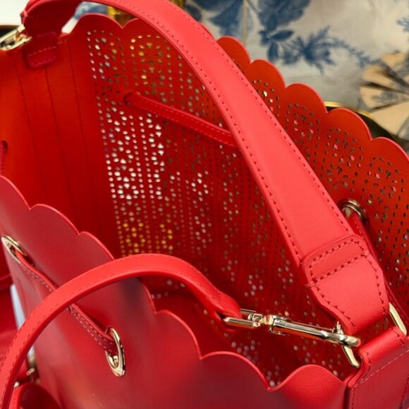 🆕 FURLA 🧿 NWOT Constanza Laser Cut Drawstring Bucket Bag, Red Leather - Picture 13 of 16